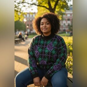 80s Adele Knitwear Metallic Floral Houndstooth Mock Neck Sweater Size Large